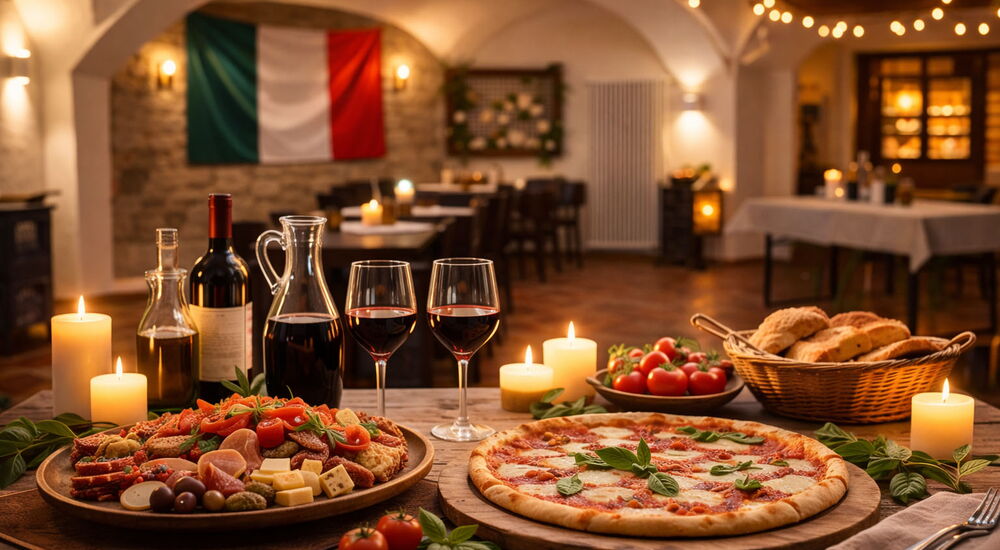 Tisch mit Pizza, Antipasti, Wein und Kerzenlicht in stimmungsvoll dekoriertem Raum mit italienischer Flagge