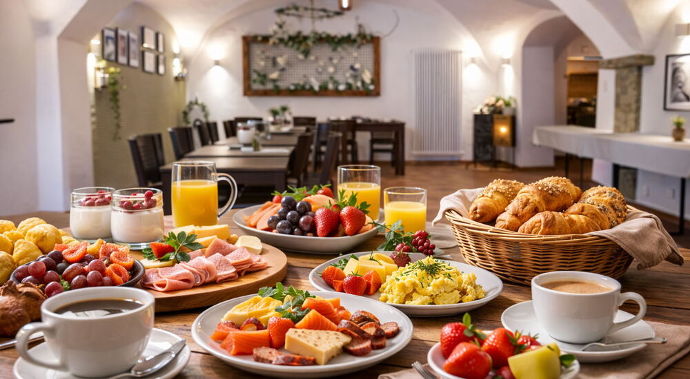 Frühstückstisch mit Brötchen, Obst, Kaffee und verschiedenen Speisen in gemütlichem Café-Ambiente