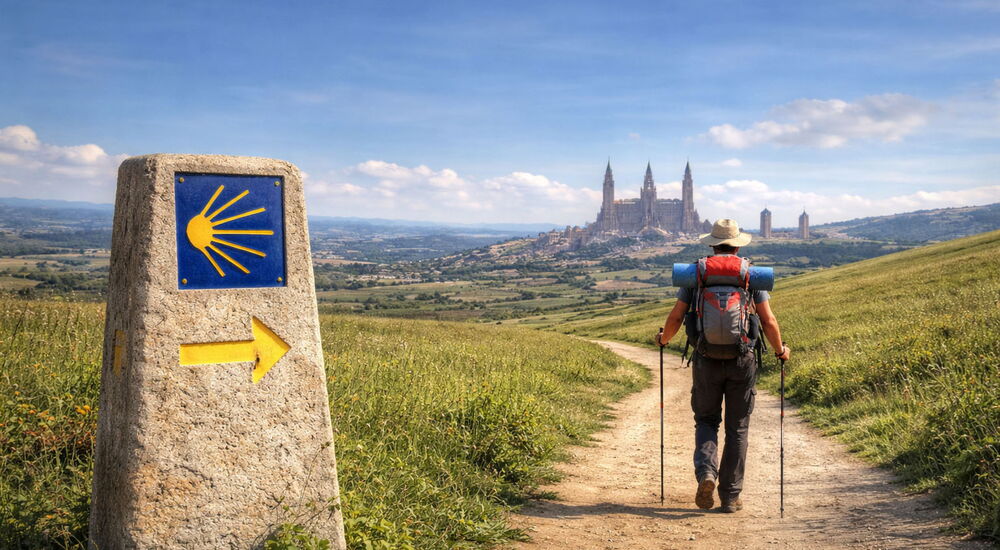 Pilger mit Rucksack auf einem Wanderweg mit Jakobsweg-Symbol und Blick auf eine Stadt in der Ferne